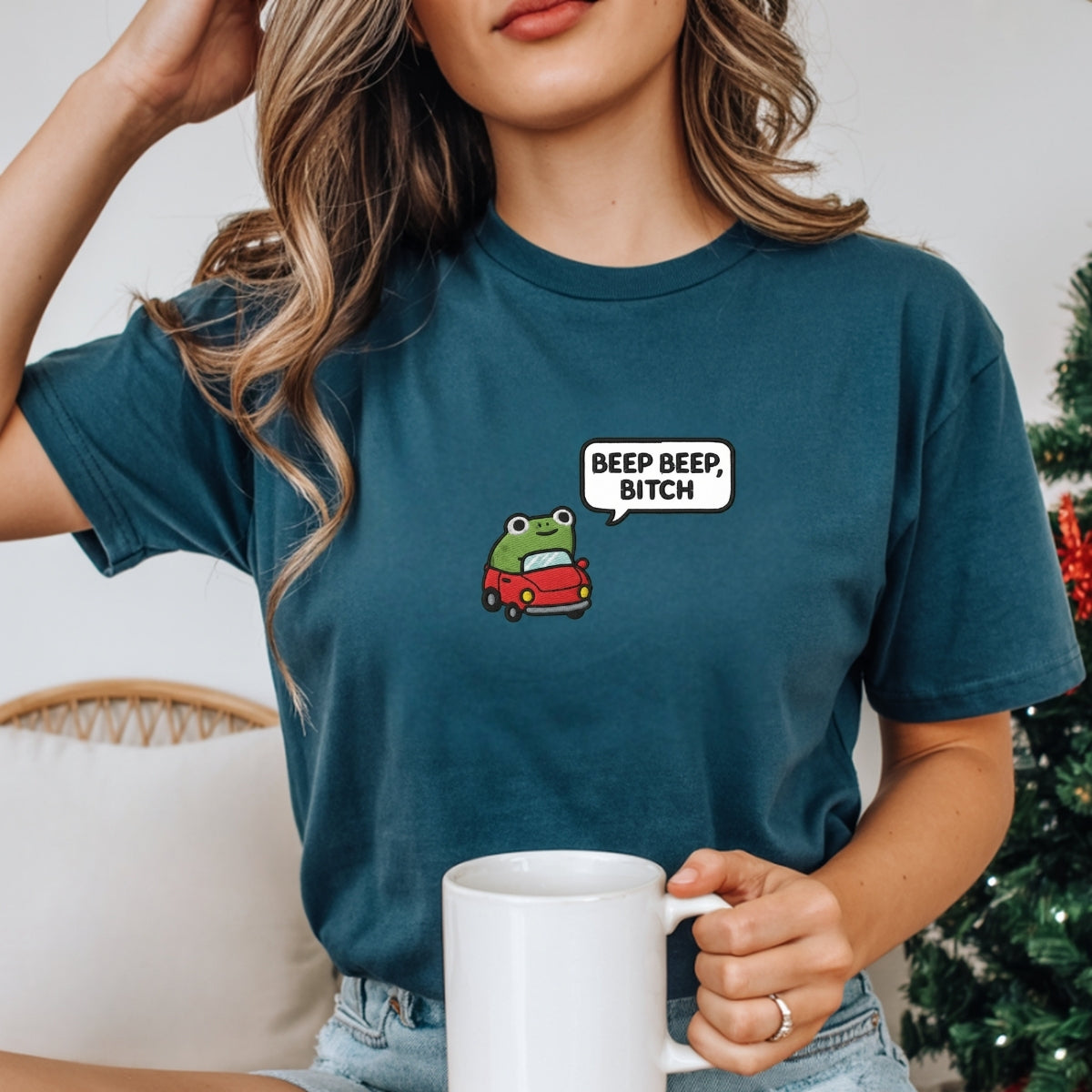 Custom Embroidered Funny Beep Beep Frog T-shirt - Cute Embroidered Car Tee