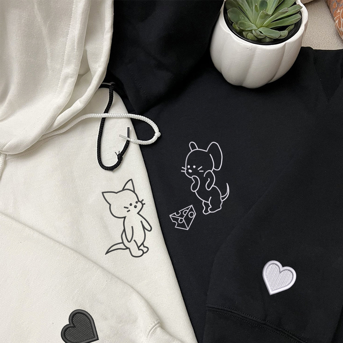Custom Embroidered Funny Cat and Mouse Matching Hoodies for Couples