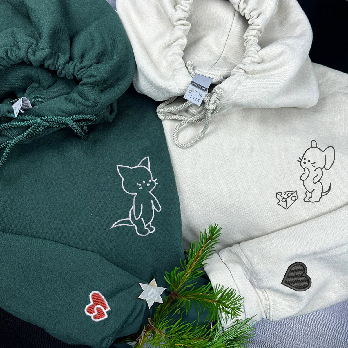 Individuell bestickte lustige passende Kapuzenpullover mit Katze und Maus für Paare