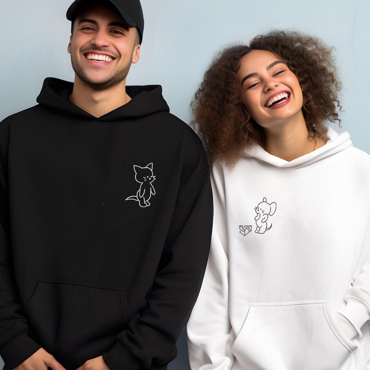 Individuell bestickte lustige passende Kapuzenpullover mit Katze und Maus für Paare