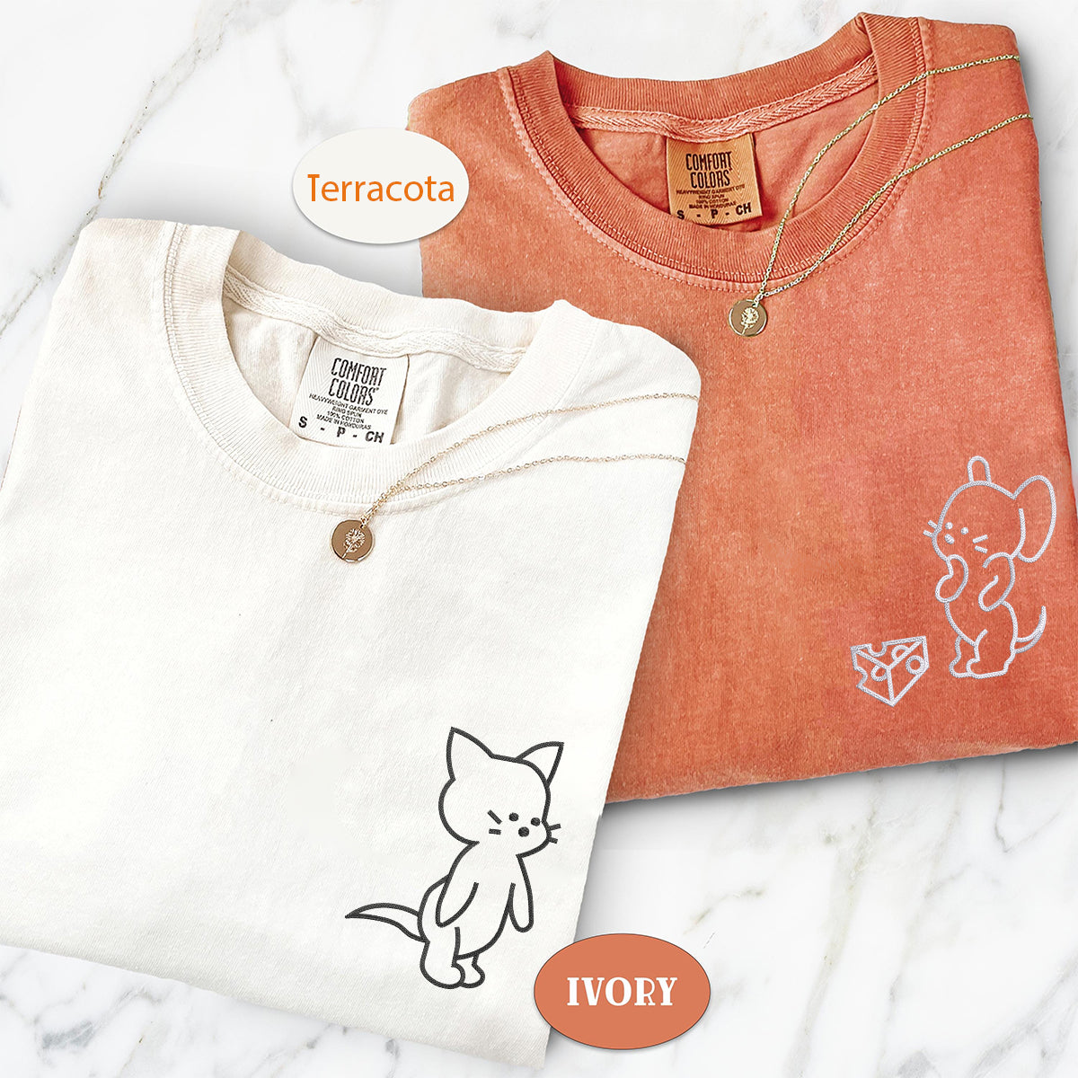 T-shirts assortis personnalisés brodés avec chat et souris amusants pour couples