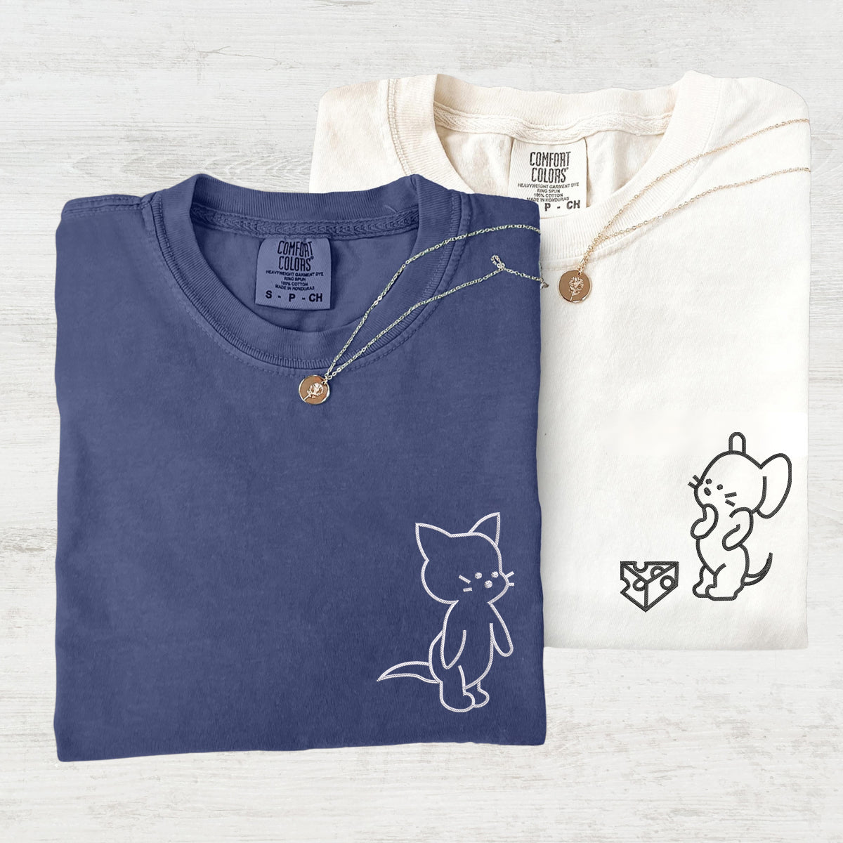 T-shirts assortis personnalisés brodés avec chat et souris amusants pour couples