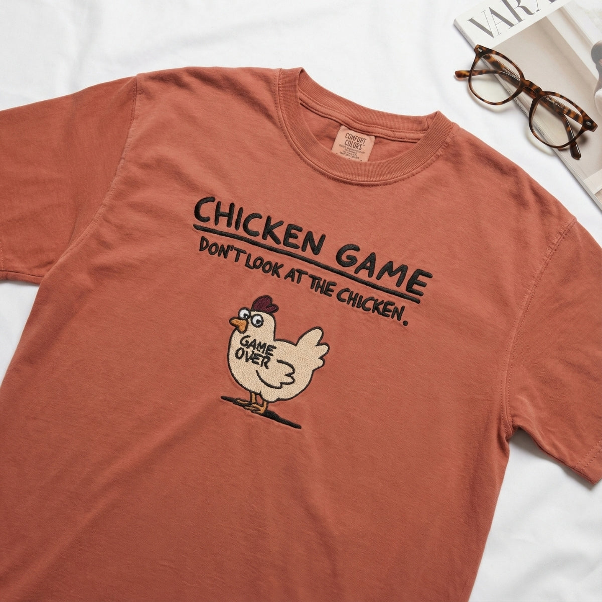 Custom Embroidered Funny Chicken Game T-shirt - Humorous Stitch Artwork