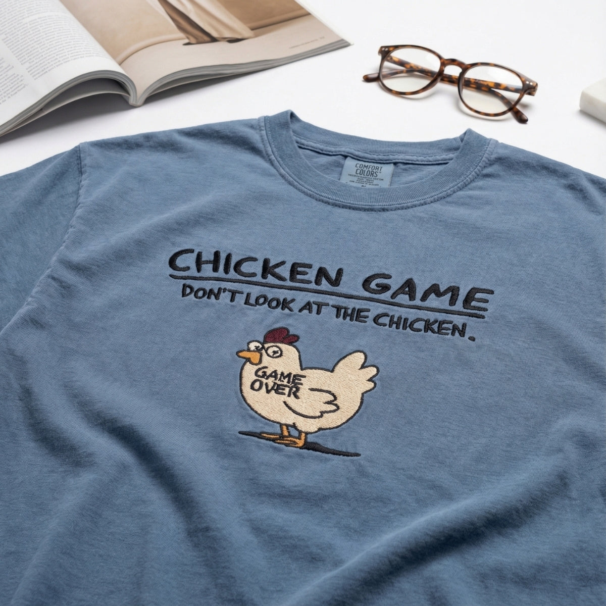 Custom Embroidered Funny Chicken Game T-shirt - Humorous Stitch Artwork