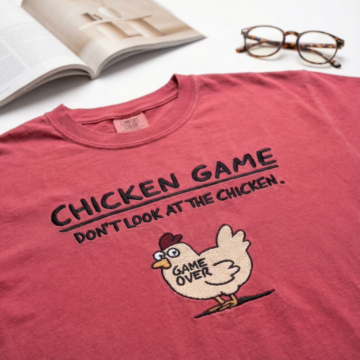 Custom Embroidered Funny Chicken Game T-shirt - Humorous Stitch Artwork