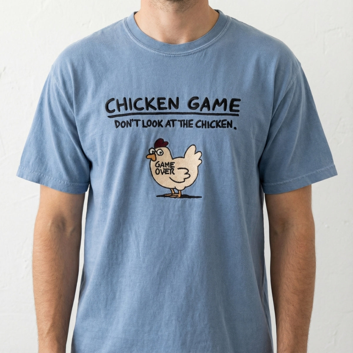 Custom Embroidered Funny Chicken Game T-shirt - Humorous Stitch Artwork