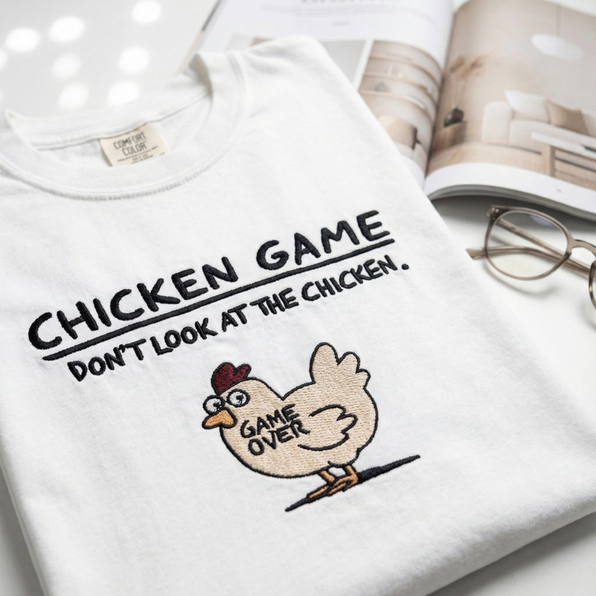 Custom Embroidered Funny Chicken Game T-shirt - Humorous Stitch Artwork