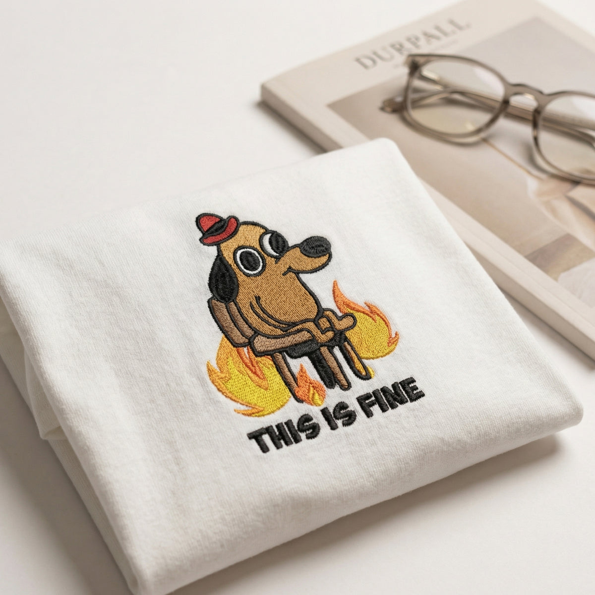 Custom Embroidered Funny Dog in Fire T-Shirt - Sarcastic Meme Gift