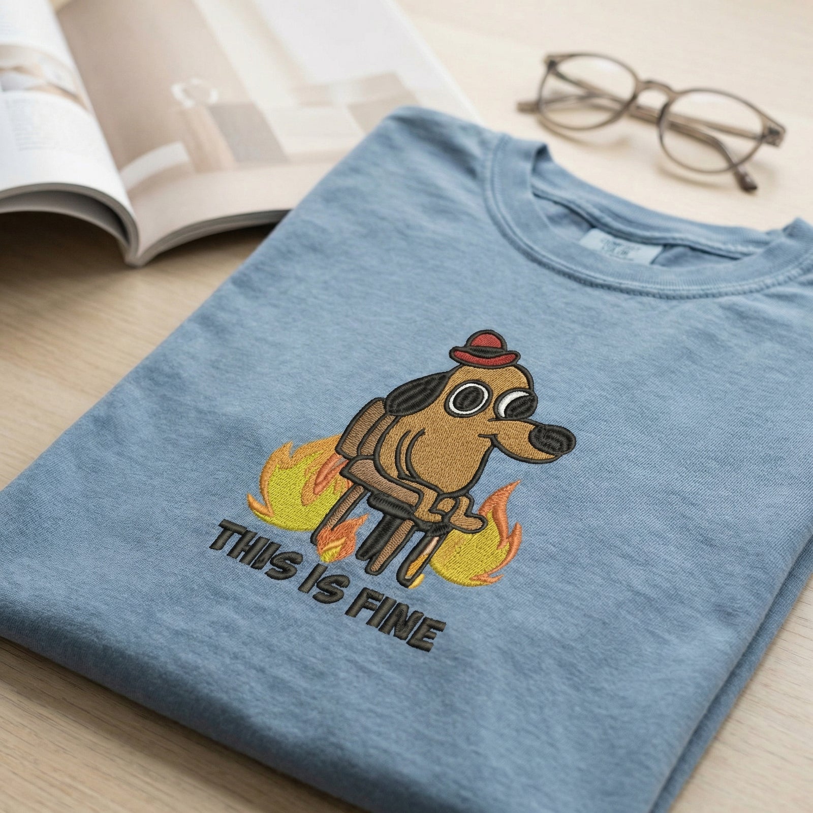 Custom Embroidered Funny Dog in Fire T-Shirt - Sarcastic Meme Gift