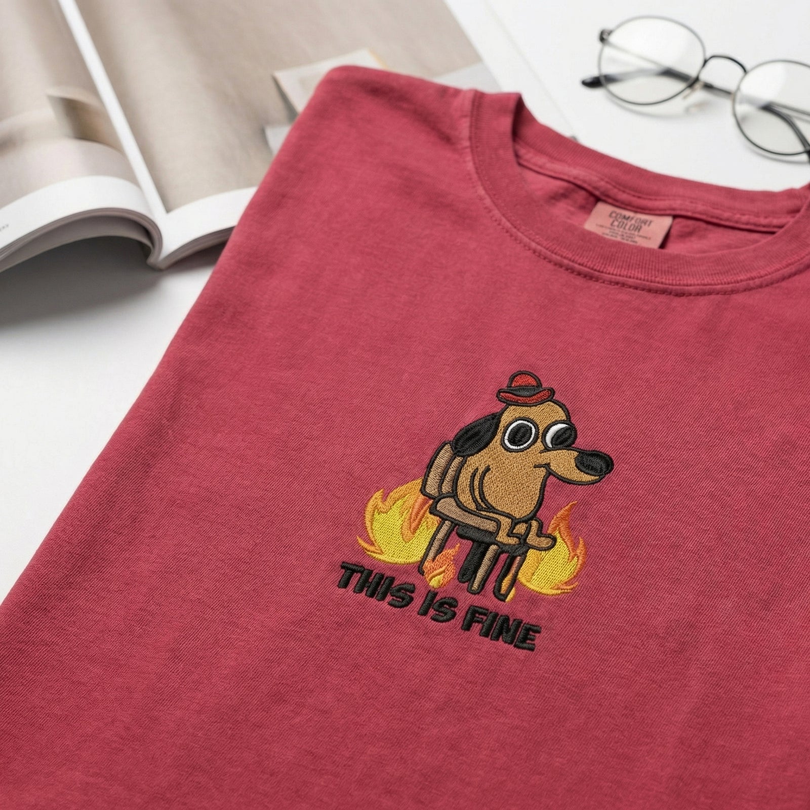 Custom Embroidered Funny Dog in Fire T-Shirt - Sarcastic Meme Gift