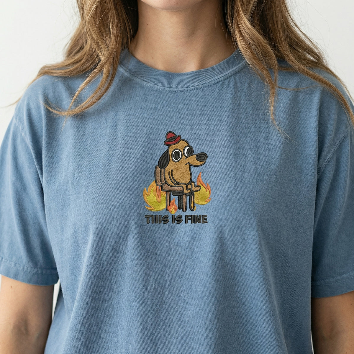 Custom Embroidered Funny Dog in Fire T-Shirt - Sarcastic Meme Gift