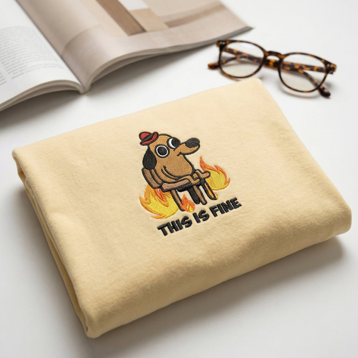 Custom Embroidered Funny Dog in Fire T-Shirt - Sarcastic Meme Gift