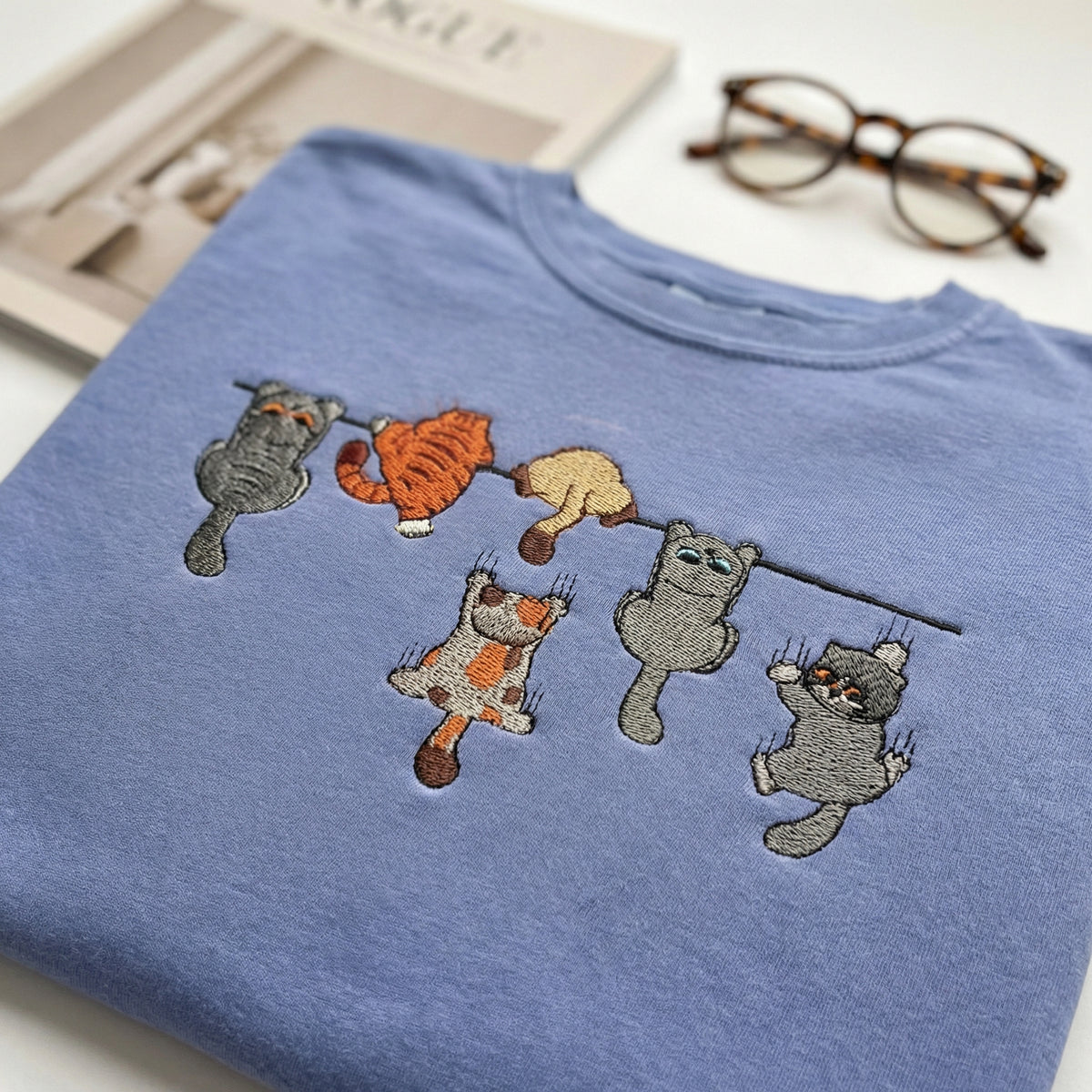 Custom Embroidered Funny Hanging Cats T-Shirt - Playful Pet Lovers Shirt