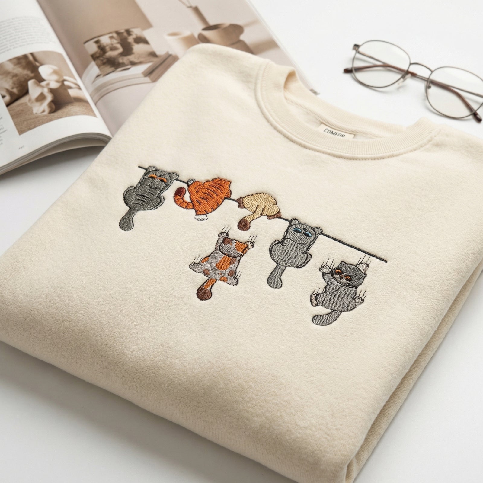 Custom Embroidered Funny Hanging Cats T-Shirt - Playful Pet Lovers Shirt