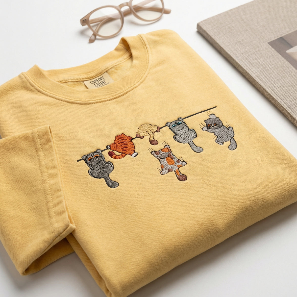 Custom Embroidered Funny Hanging Cats T-Shirt - Playful Pet Lovers Shirt