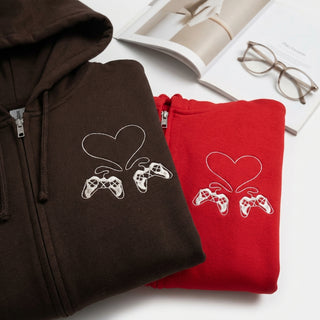 Custom Embroidered Gamer Controller Love Matching Quarter Zip Sweatshirts & Full-Zip Hoodie for Couples