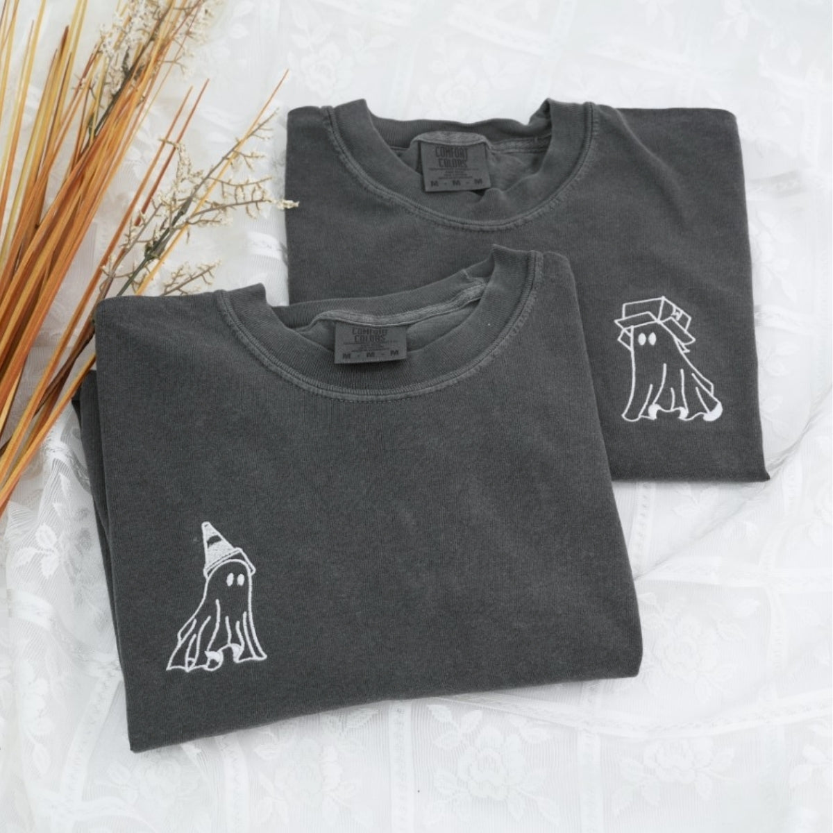Custom Embroidered Ghost Boxhead & Traffic Cone Matching T-shirts for Couples