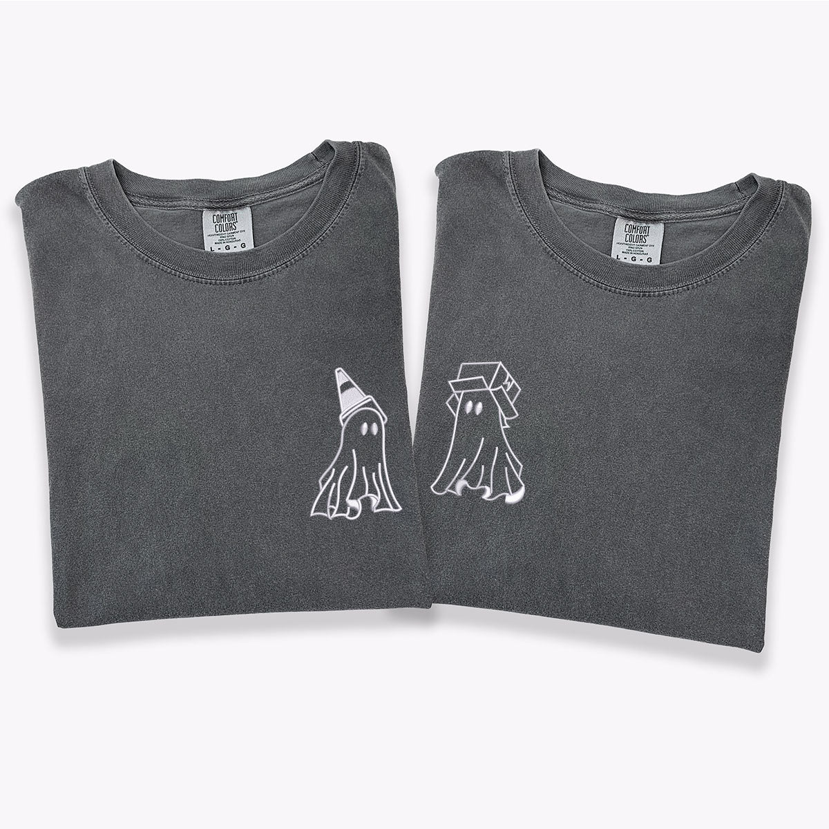Custom Embroidered Ghost Boxhead &amp; Traffic Cone Matching T-shirts for Couples