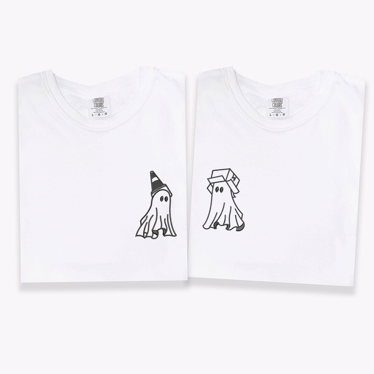 Custom Embroidered Ghost Boxhead & Traffic Cone Matching T-shirts for Couples