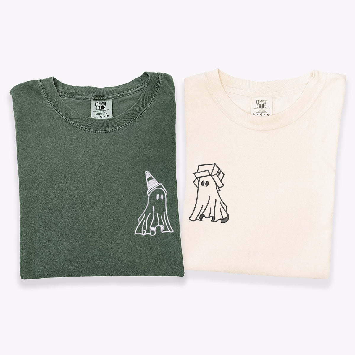 Custom Embroidered Ghost Boxhead & Traffic Cone Matching T-shirts for Couples