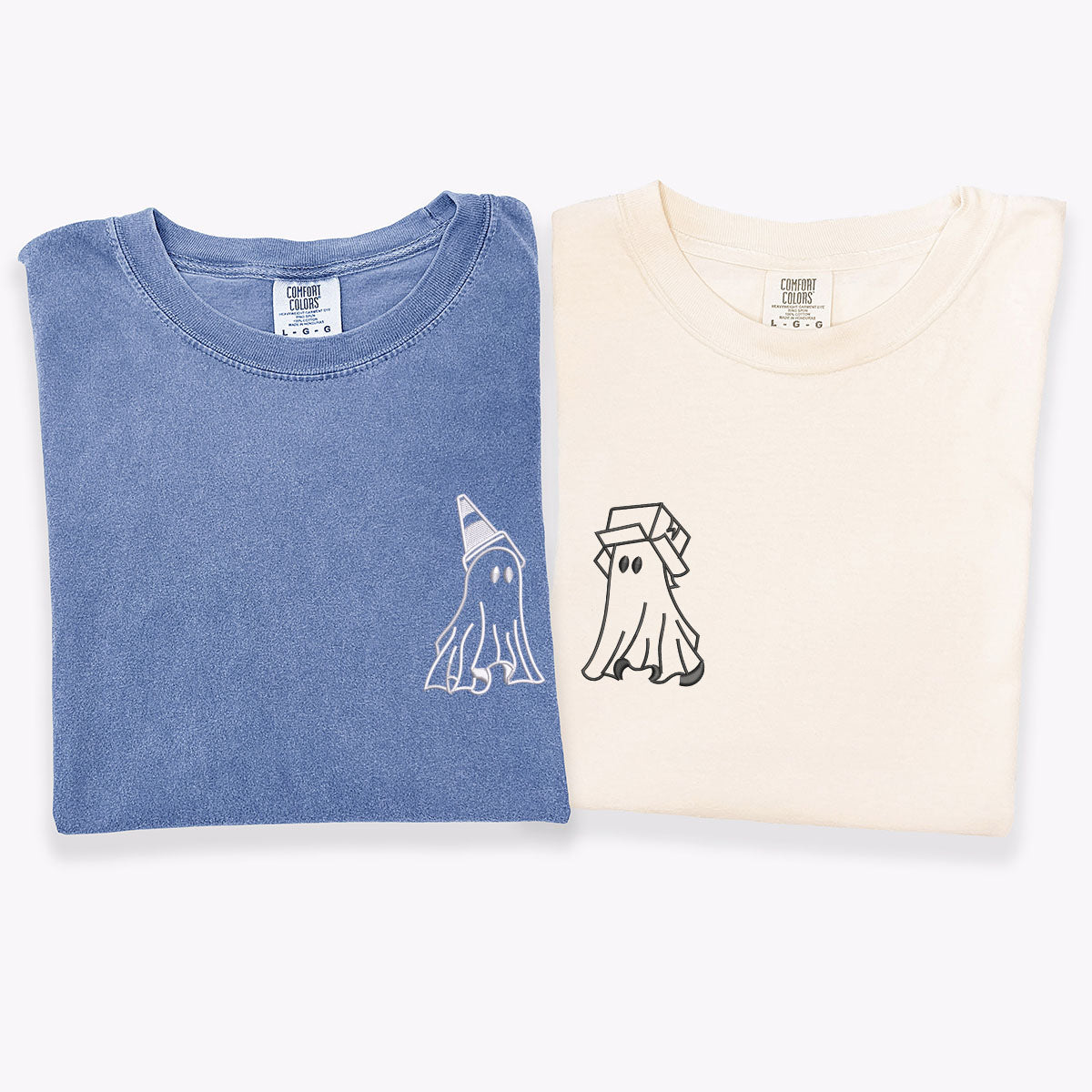 Custom Embroidered Ghost Boxhead & Traffic Cone Matching T-shirts for Couples