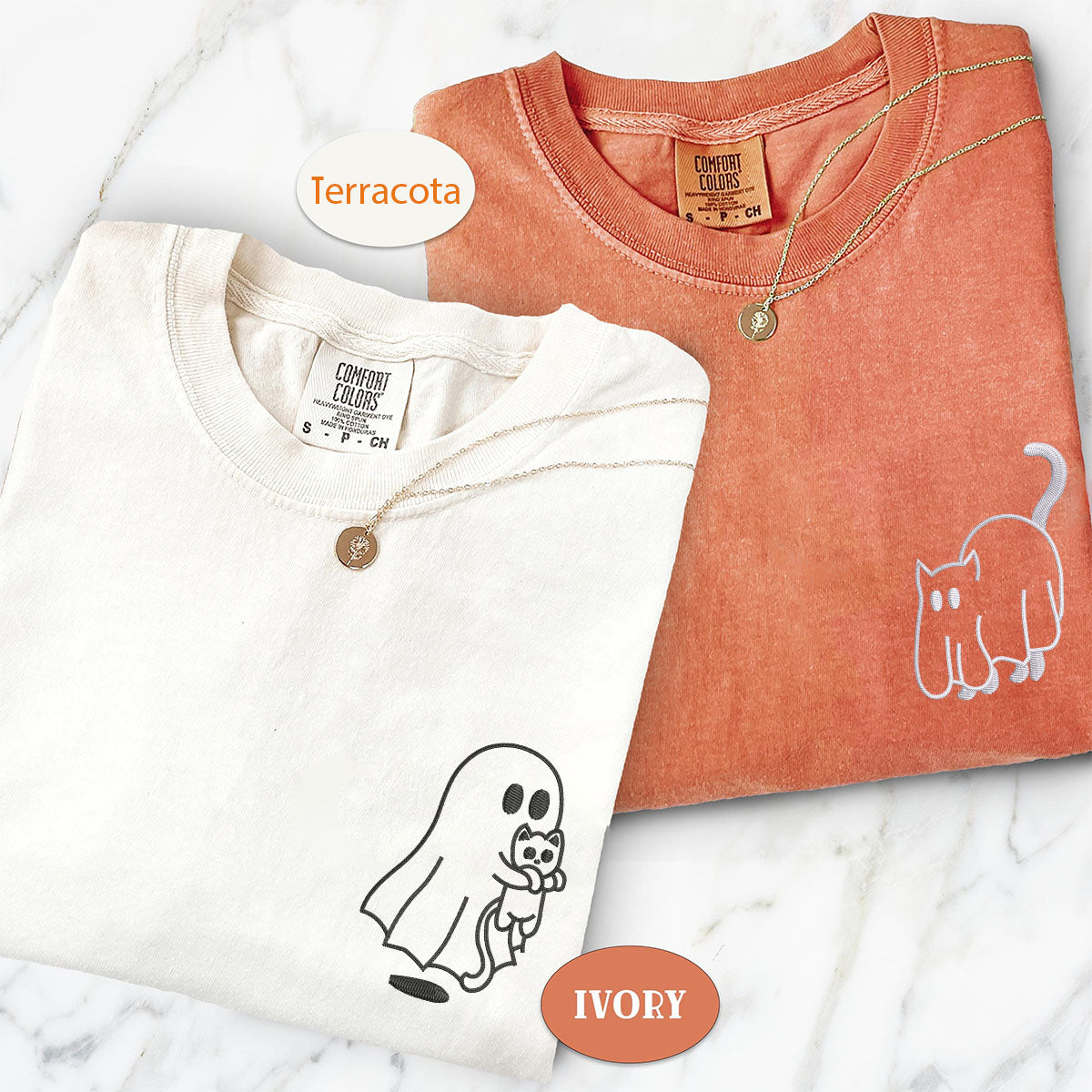 Custom Embroidered Ghost Cat Matching T-shirts for Couples