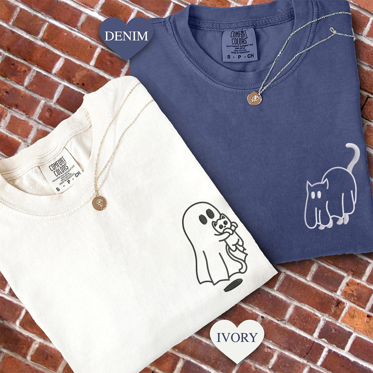 Custom Embroidered Ghost Cat Matching T-shirts for Couples