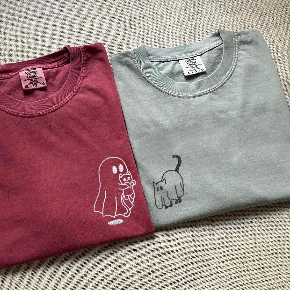 Custom Embroidered Ghost Cat Matching T-shirts for Couples