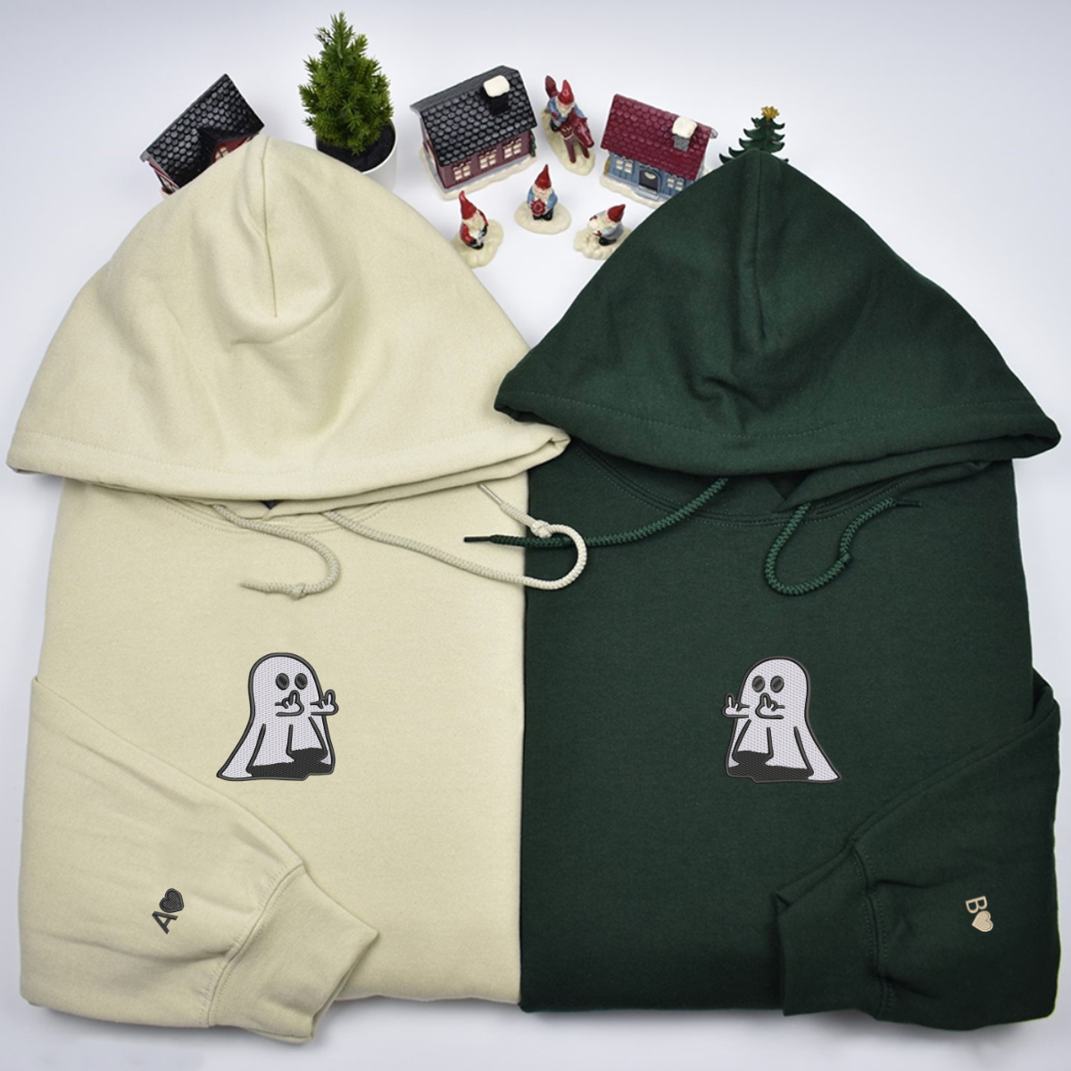 Sweats à capuche assortis avec des mains mignonnes de fantôme brodées personnalisées pour couples