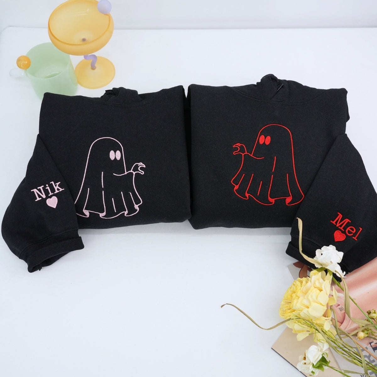 Custom Embroidered Ghost Heart Hands Matching Hoodies for Couples