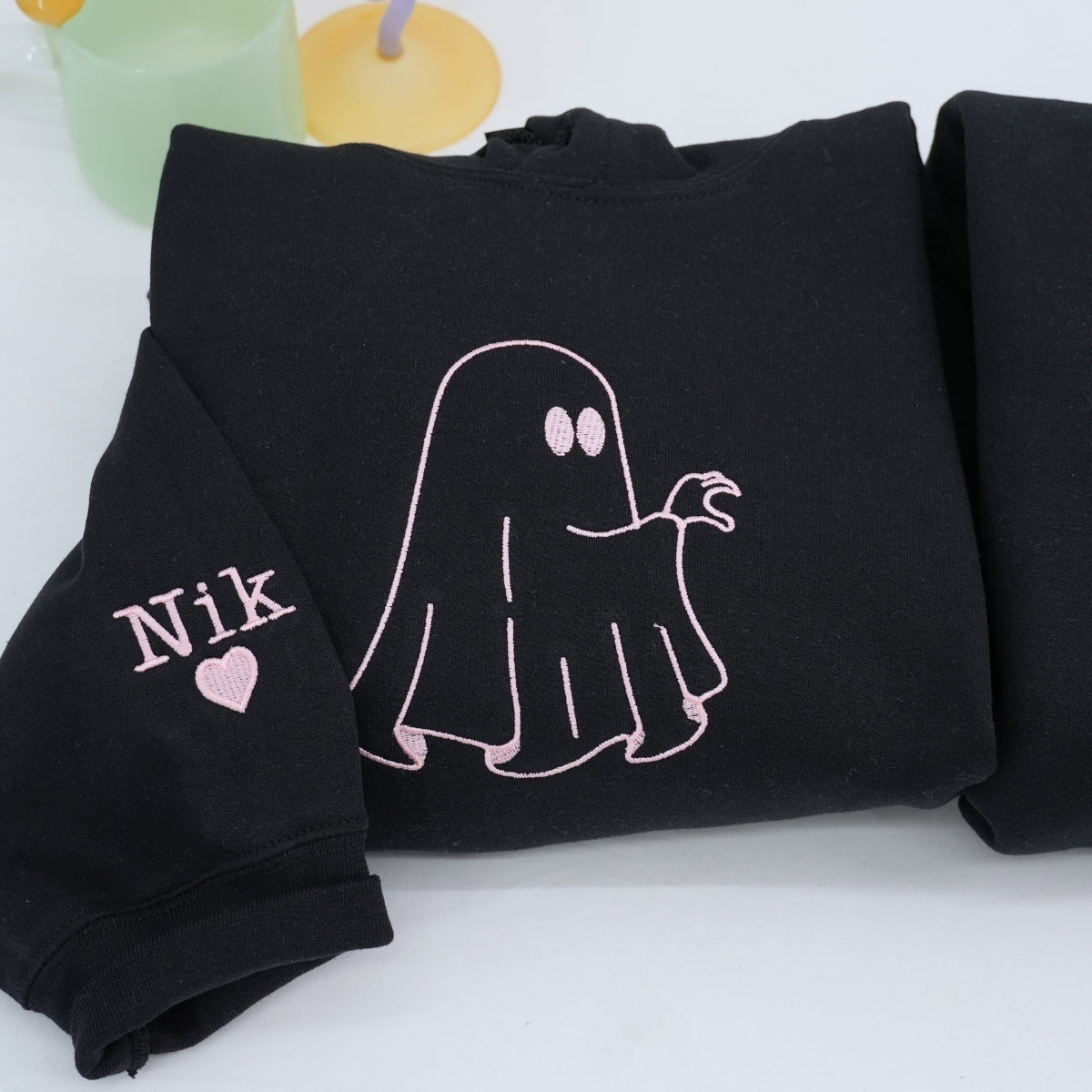 Custom Embroidered Ghost Heart Hands Matching Hoodies for Couples