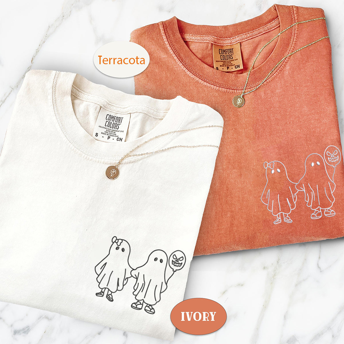Custom Embroidered Ghost Holding Hands Matching T-shirts for Couples