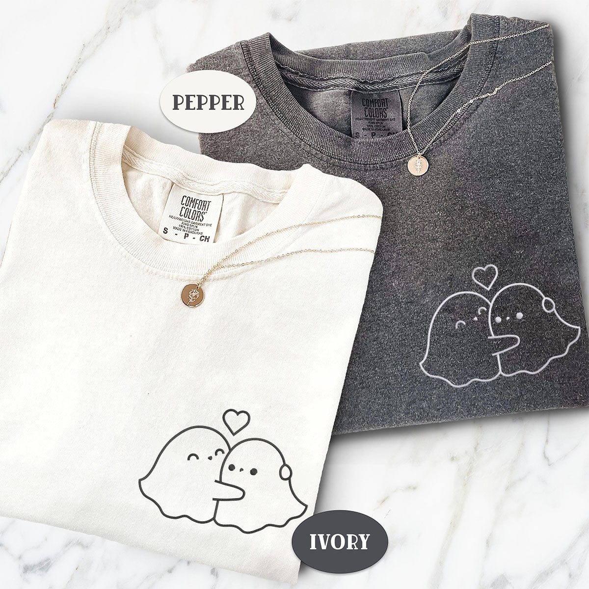 T-shirts personnalisés brodés « Câlin fantôme » assortis pour couples