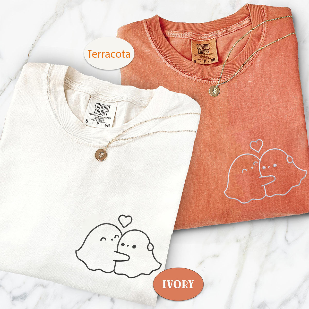 T-shirts personnalisés brodés « Câlin fantôme » assortis pour couples