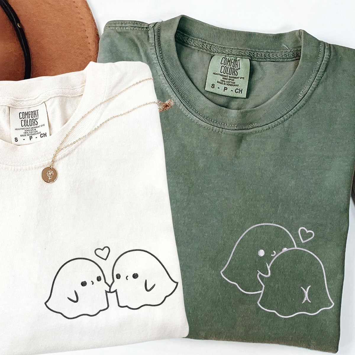 Custom Embroidered Ghost Love Matching T-shirts for Couples