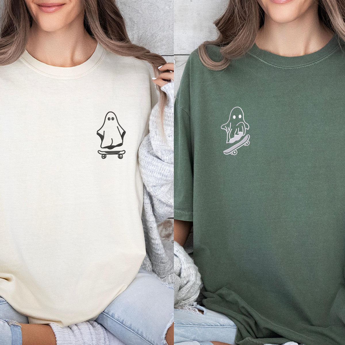 Custom Embroidered Ghost Skater Matching T-shirts for Couples