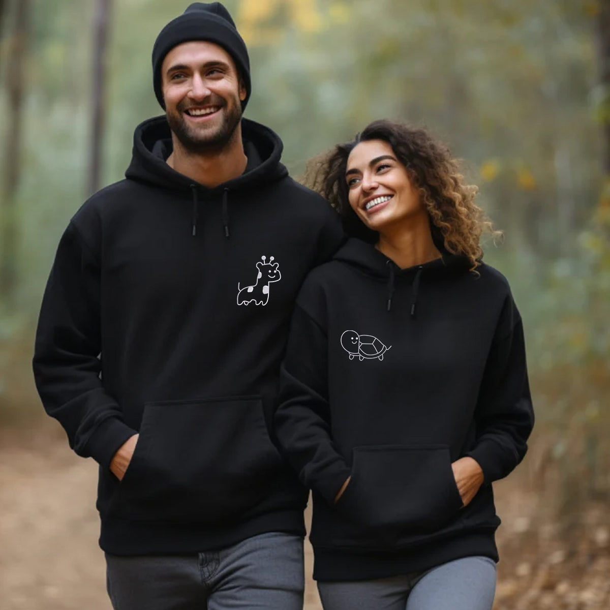 Custom Embroidered Giraffe and Turtle Matching Hoodies for Couples