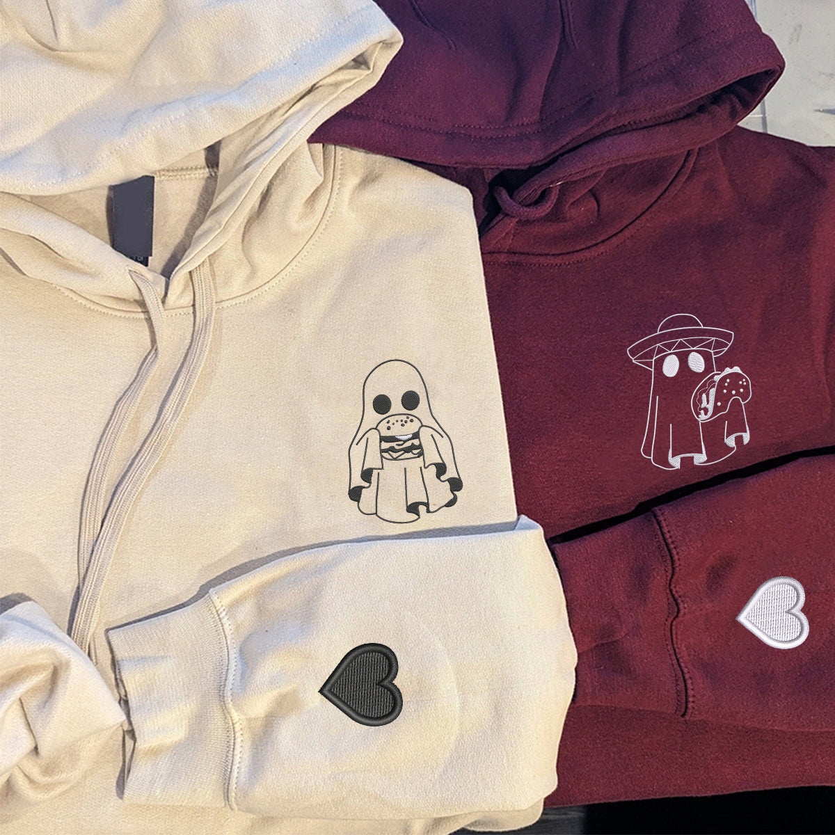 Sweats à capuche personnalisés brodés assortis pour hamburgers ou tacos pour couples