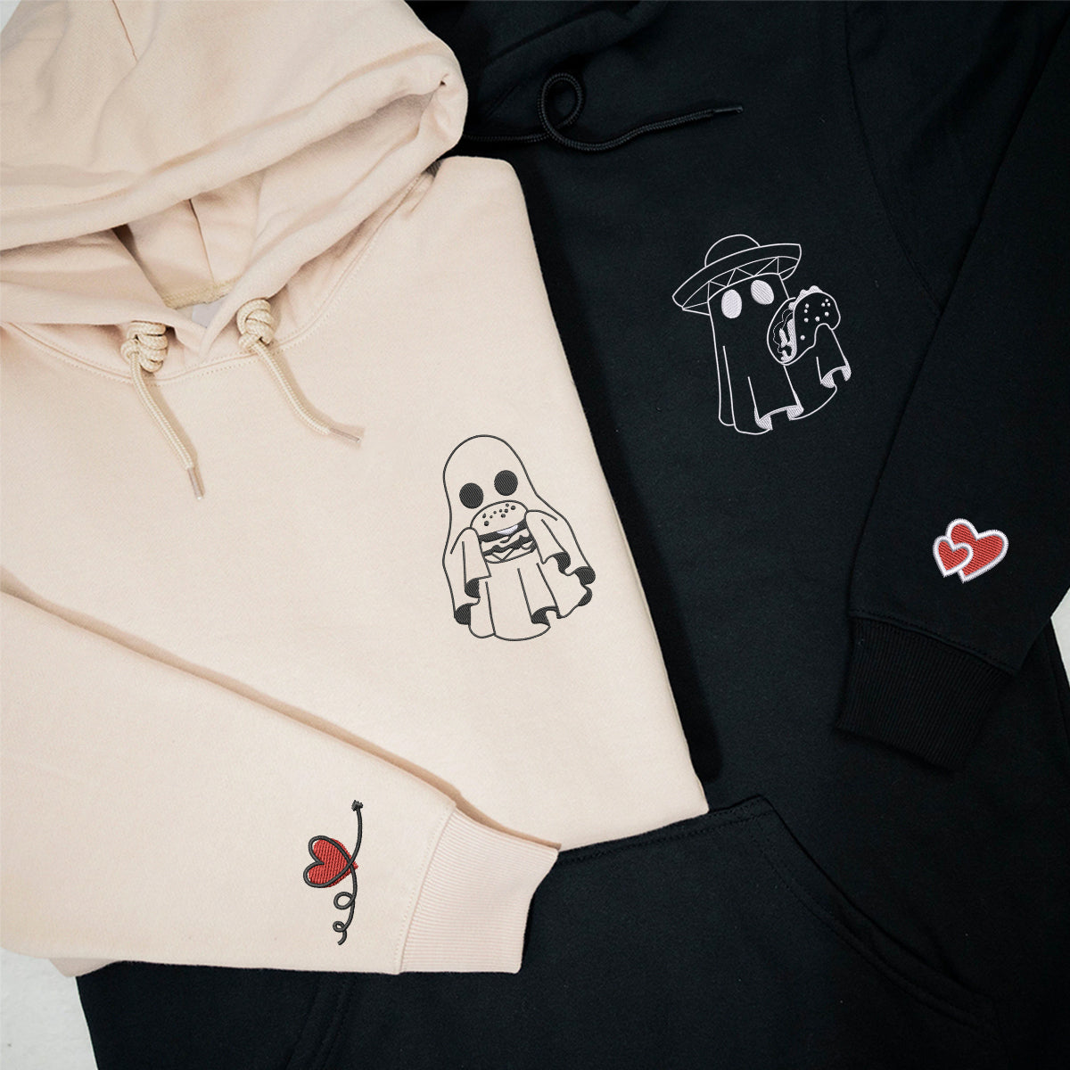 Sweats à capuche personnalisés brodés assortis pour hamburgers ou tacos pour couples