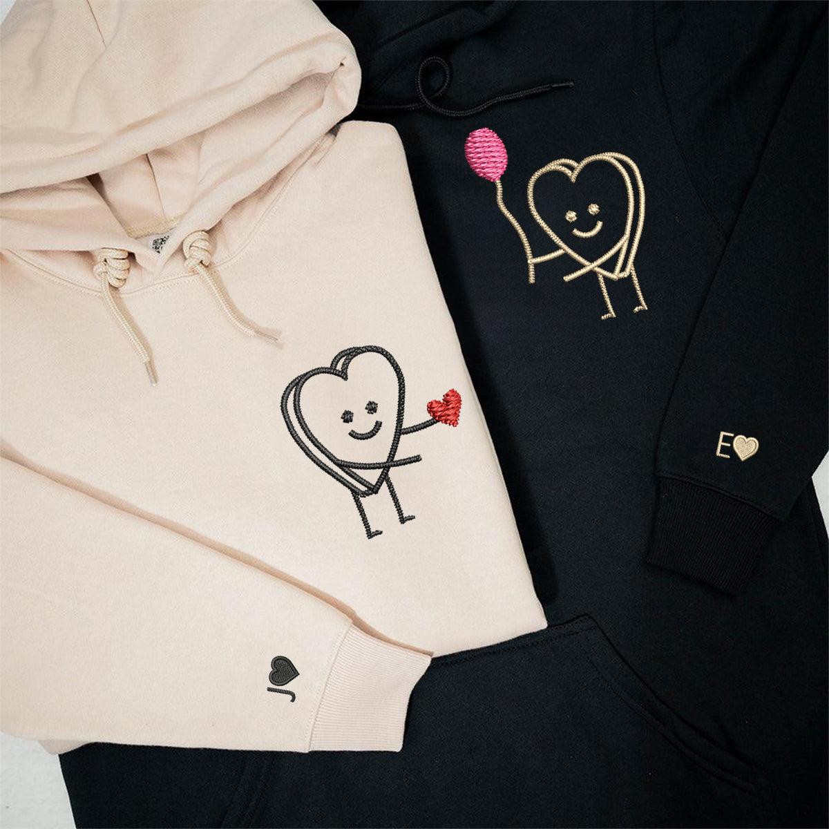 Custom Embroidered Heart Love Matching Hoodies for Couples