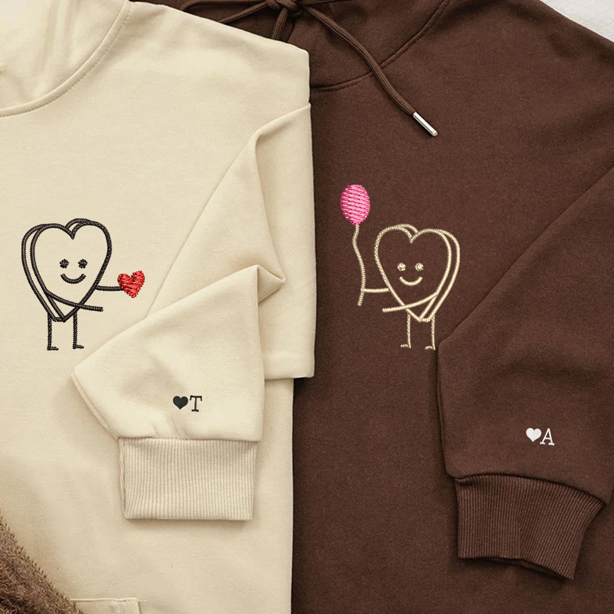 Custom Embroidered Heart Love Matching Hoodies for Couples