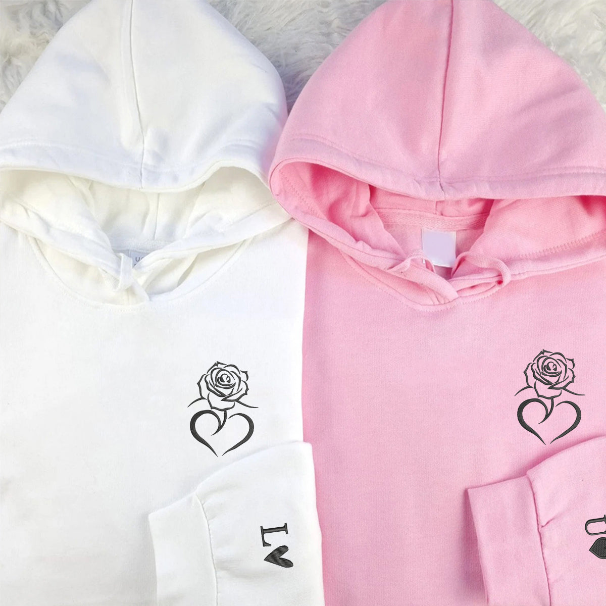 Custom Embroidered Heart Rose Matching Hoodies for Couples