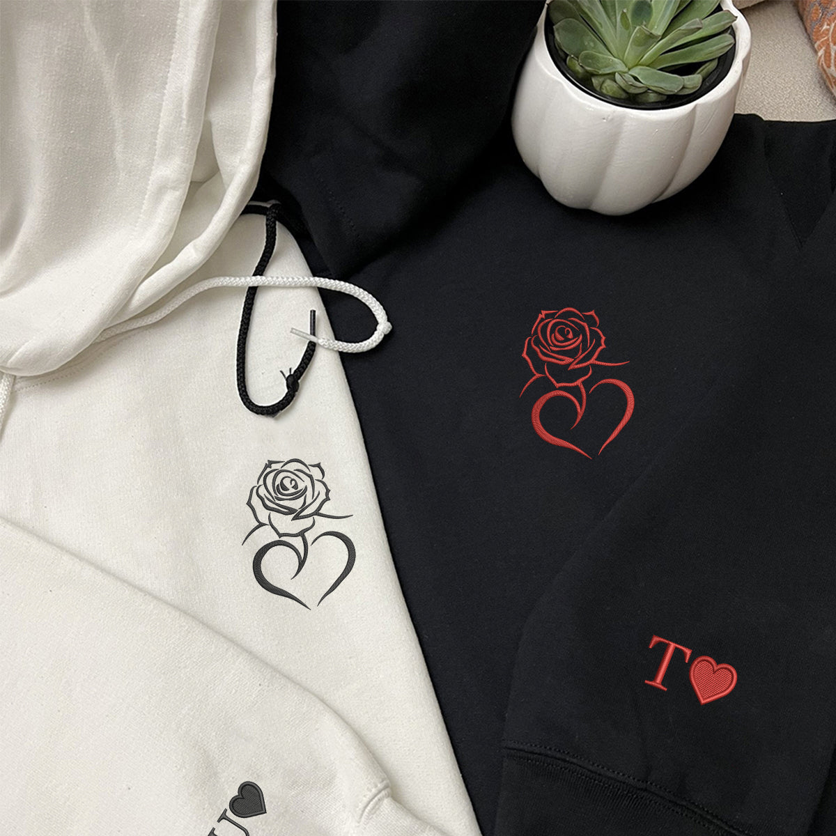 Custom Embroidered Heart Rose Matching Hoodies for Couples
