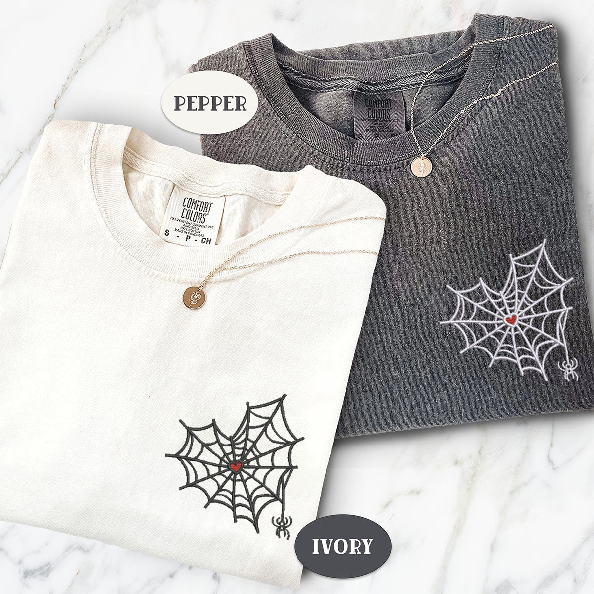 Custom Embroidered Heart Spider Web Matching T-shirts for Couples