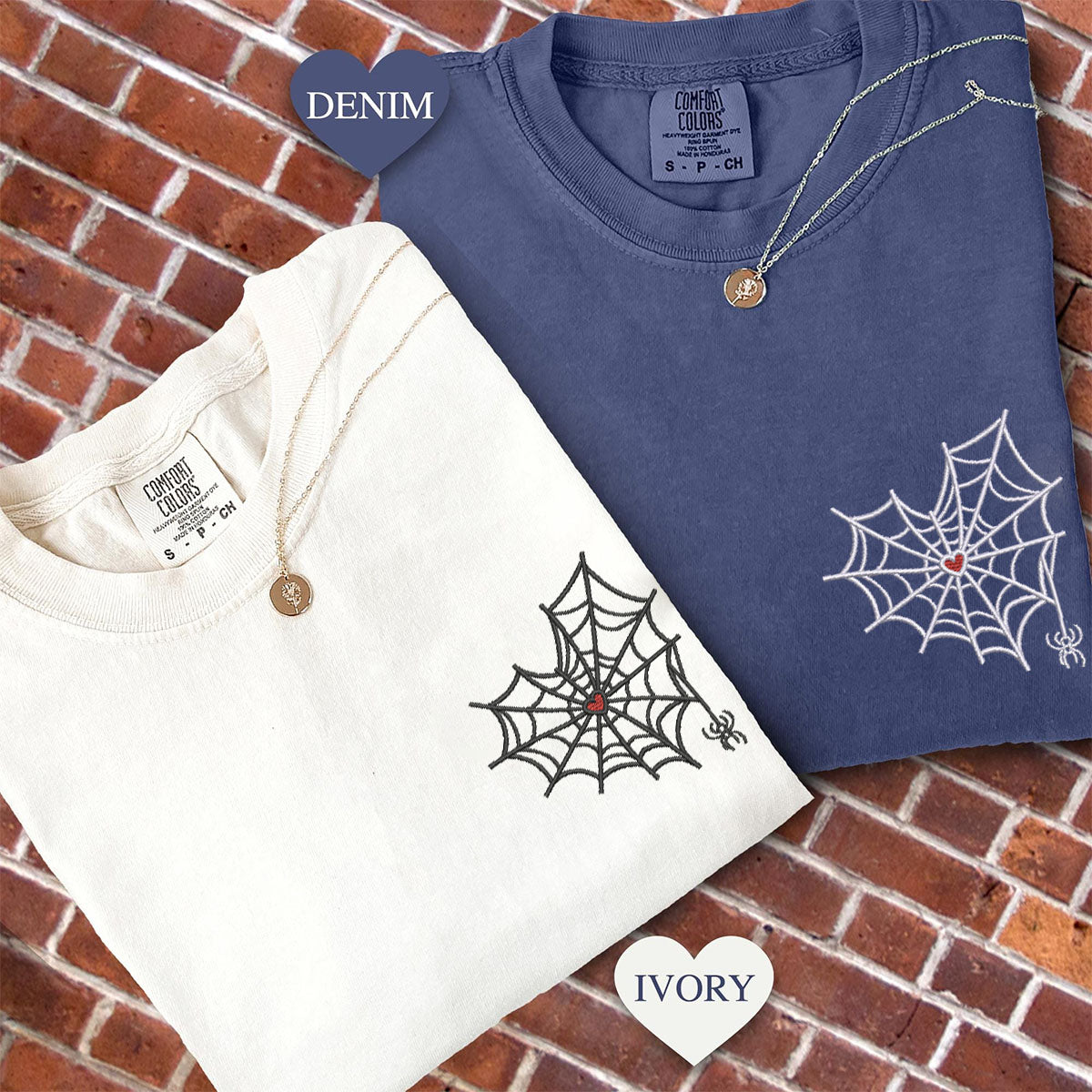 Custom Embroidered Heart Spider Web Matching T-shirts for Couples