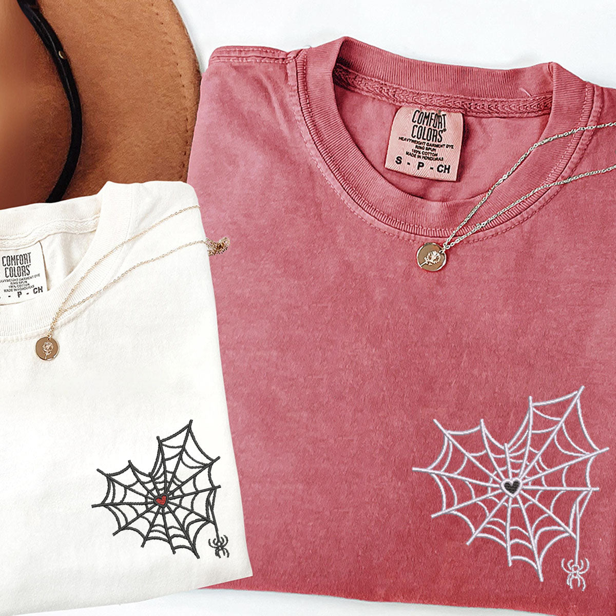 Custom Embroidered Heart Spider Web Matching T-shirts for Couples