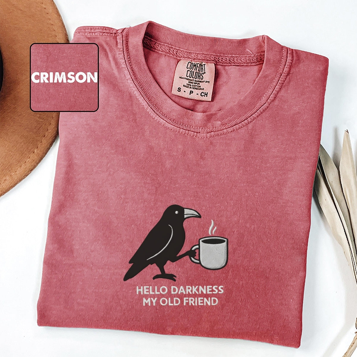 Custom Embroidered Hello Darkness My Old Friend Raven T-Shirt | Crow & Coffee Tee – Funny Gothic Halloween Gift