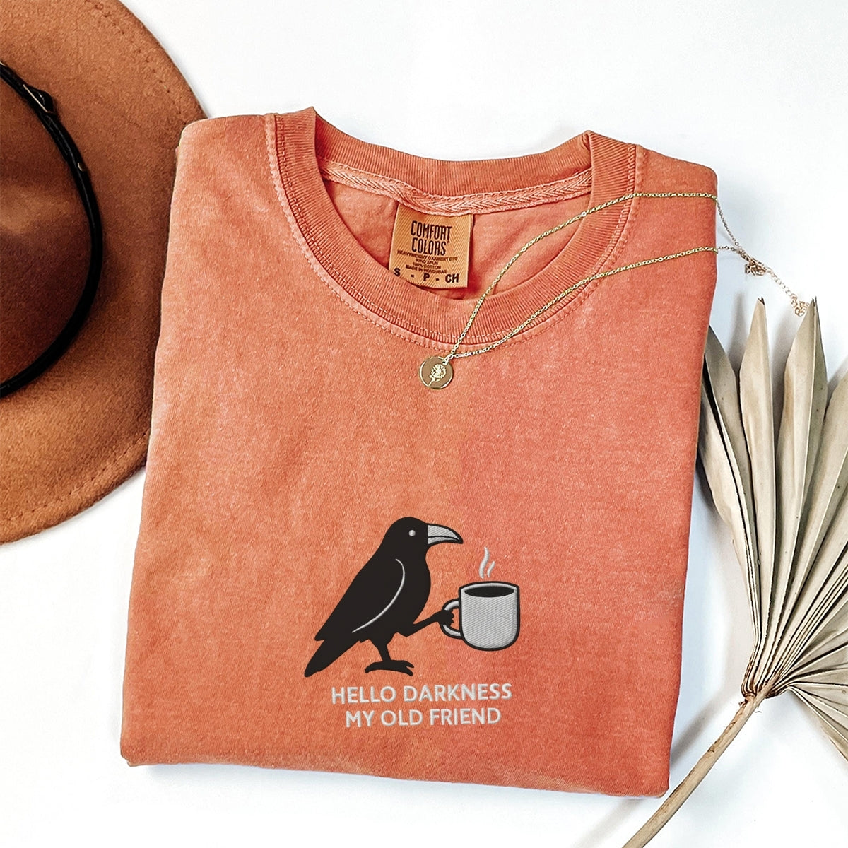 Custom Embroidered Hello Darkness My Old Friend Raven T-Shirt | Crow & Coffee Tee – Funny Gothic Halloween Gift