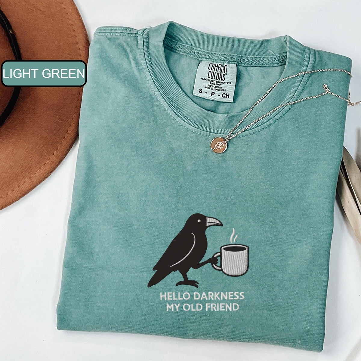 Custom Embroidered Hello Darkness My Old Friend Raven T-Shirt | Crow & Coffee Tee – Funny Gothic Halloween Gift