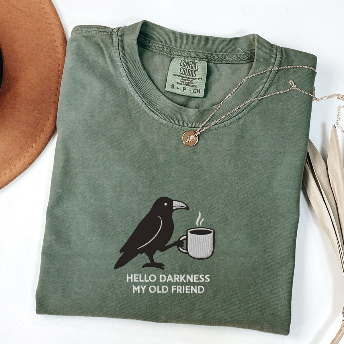 Custom Embroidered Hello Darkness My Old Friend Raven T-Shirt | Crow & Coffee Tee – Funny Gothic Halloween Gift